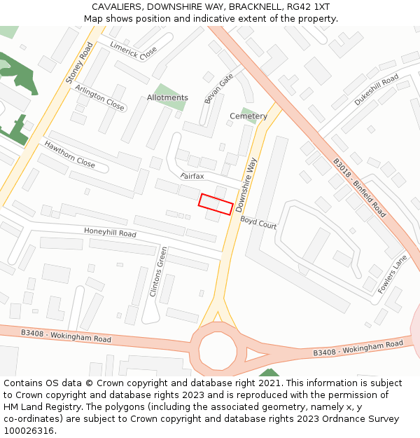 CAVALIERS, DOWNSHIRE WAY, BRACKNELL, RG42 1XT: Location map and indicative extent of plot