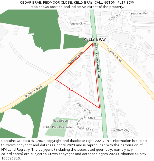 CEDAR BRAE, REDMOOR CLOSE, KELLY BRAY, CALLINGTON, PL17 8DW: Location map and indicative extent of plot