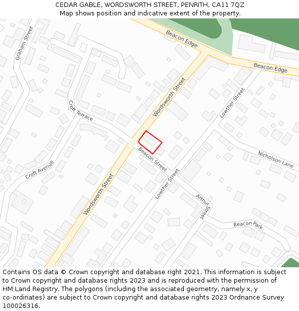 CEDAR GABLE, WORDSWORTH STREET, PENRITH, CA11 7QZ: Location map and indicative extent of plot