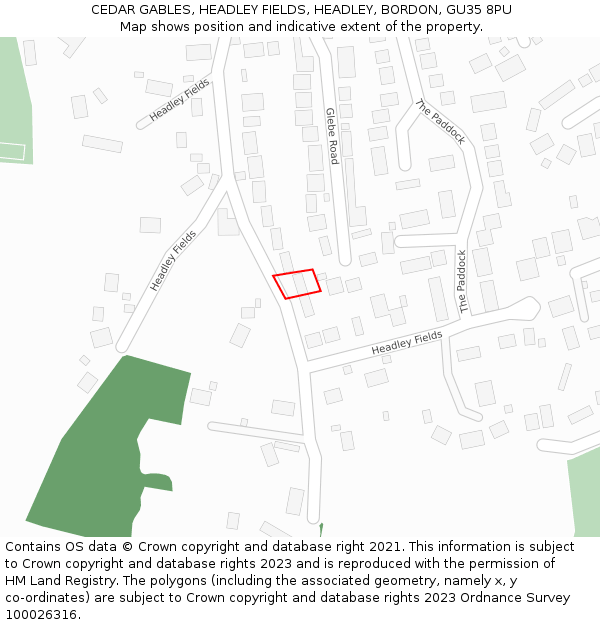 CEDAR GABLES, HEADLEY FIELDS, HEADLEY, BORDON, GU35 8PU: Location map and indicative extent of plot