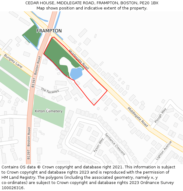 CEDAR HOUSE, MIDDLEGATE ROAD, FRAMPTON, BOSTON, PE20 1BX: Location map and indicative extent of plot