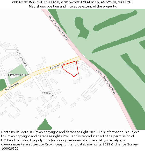 CEDAR STUMP, CHURCH LANE, GOODWORTH CLATFORD, ANDOVER, SP11 7HL: Location map and indicative extent of plot