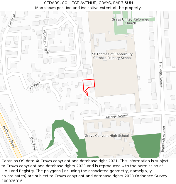 CEDARS, COLLEGE AVENUE, GRAYS, RM17 5UN: Location map and indicative extent of plot