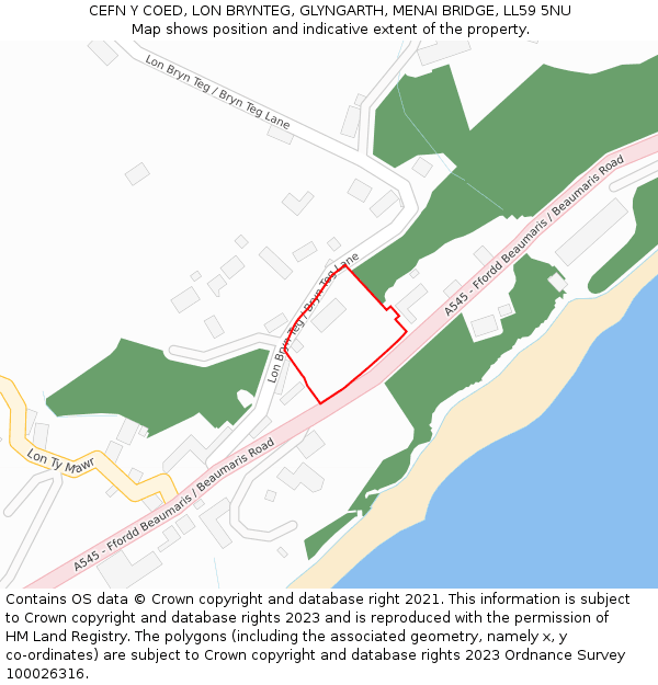 CEFN Y COED, LON BRYNTEG, GLYNGARTH, MENAI BRIDGE, LL59 5NU: Location map and indicative extent of plot