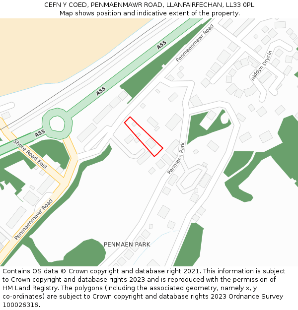 CEFN Y COED, PENMAENMAWR ROAD, LLANFAIRFECHAN, LL33 0PL: Location map and indicative extent of plot