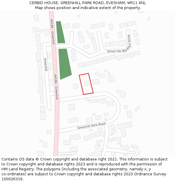 CERBID HOUSE, GREENHILL PARK ROAD, EVESHAM, WR11 4NL: Location map and indicative extent of plot