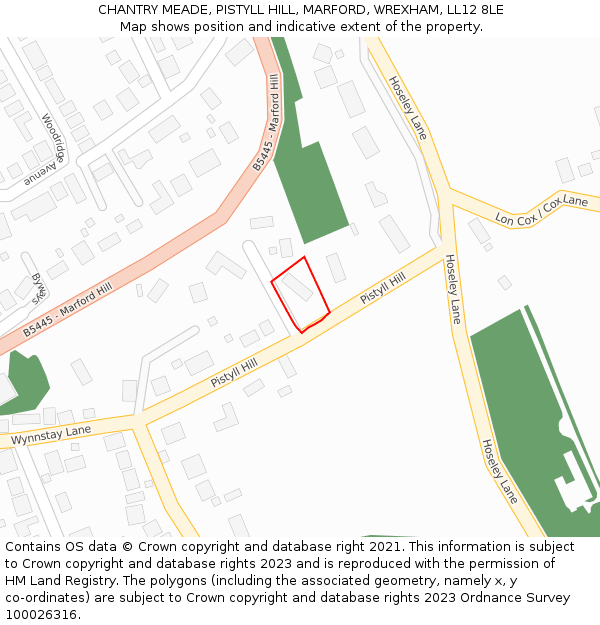 CHANTRY MEADE, PISTYLL HILL, MARFORD, WREXHAM, LL12 8LE: Location map and indicative extent of plot