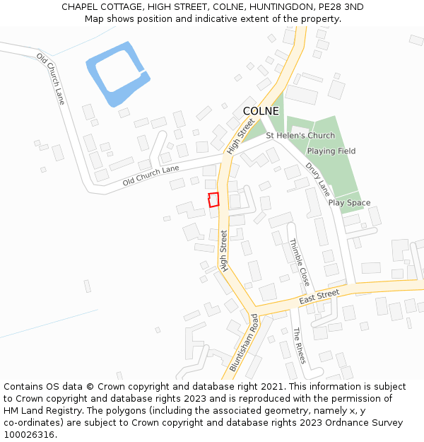 CHAPEL COTTAGE, HIGH STREET, COLNE, HUNTINGDON, PE28 3ND: Location map and indicative extent of plot