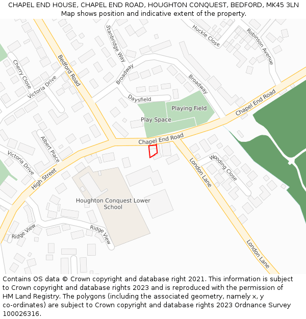 CHAPEL END HOUSE, CHAPEL END ROAD, HOUGHTON CONQUEST, BEDFORD, MK45 3LN: Location map and indicative extent of plot