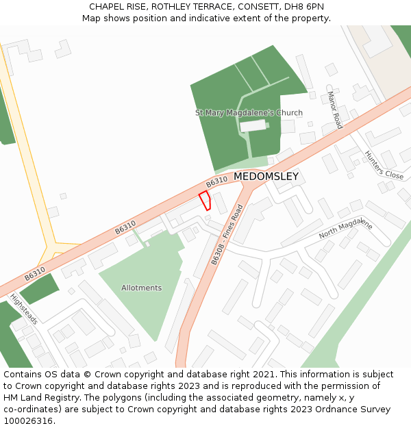 CHAPEL RISE, ROTHLEY TERRACE, CONSETT, DH8 6PN: Location map and indicative extent of plot