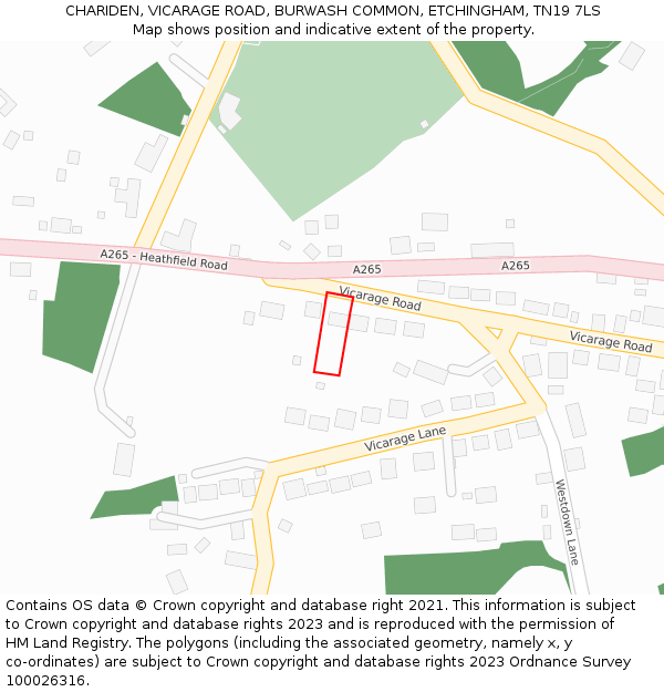 CHARIDEN, VICARAGE ROAD, BURWASH COMMON, ETCHINGHAM, TN19 7LS: Location map and indicative extent of plot