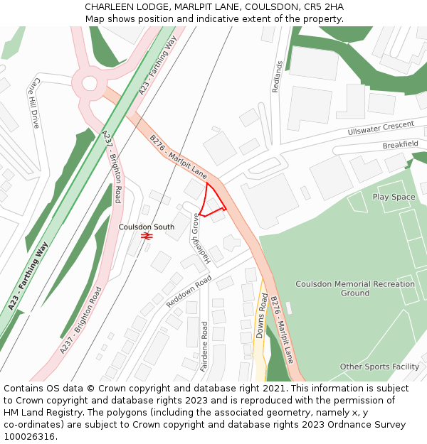 CHARLEEN LODGE, MARLPIT LANE, COULSDON, CR5 2HA: Location map and indicative extent of plot