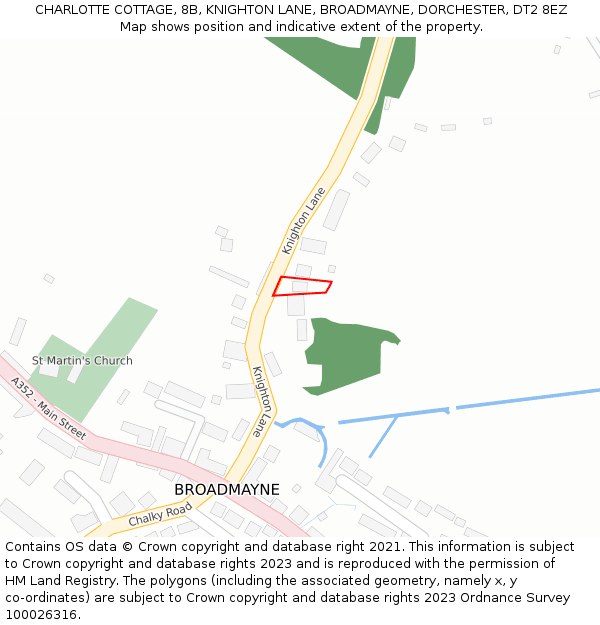 CHARLOTTE COTTAGE, 8B, KNIGHTON LANE, BROADMAYNE, DORCHESTER, DT2 8EZ: Location map and indicative extent of plot