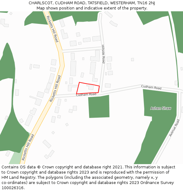 CHARLSCOT, CUDHAM ROAD, TATSFIELD, WESTERHAM, TN16 2NJ: Location map and indicative extent of plot
