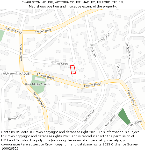 CHARLSTON HOUSE, VICTORIA COURT, HADLEY, TELFORD, TF1 5FL: Location map and indicative extent of plot