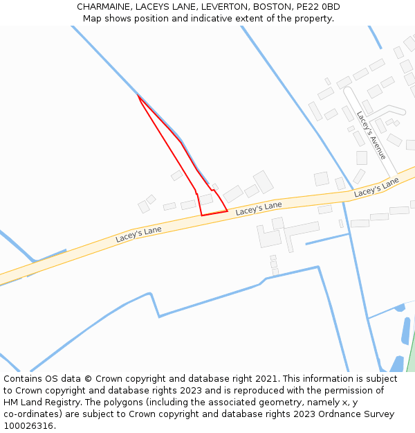 CHARMAINE, LACEYS LANE, LEVERTON, BOSTON, PE22 0BD: Location map and indicative extent of plot