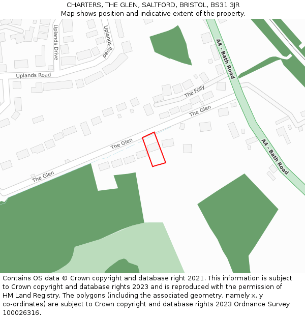 CHARTERS, THE GLEN, SALTFORD, BRISTOL, BS31 3JR: Location map and indicative extent of plot