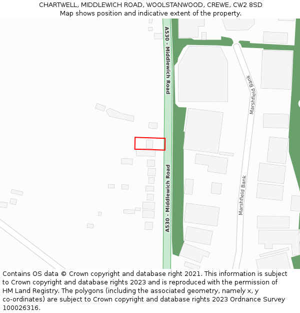 CHARTWELL, MIDDLEWICH ROAD, WOOLSTANWOOD, CREWE, CW2 8SD: Location map and indicative extent of plot