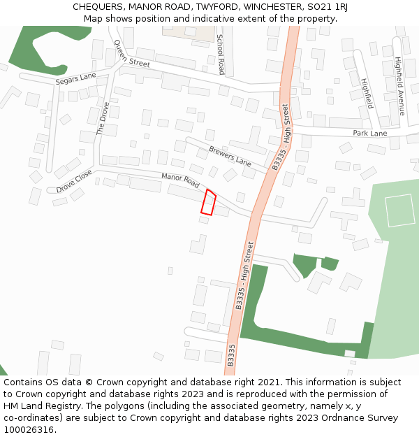 CHEQUERS, MANOR ROAD, TWYFORD, WINCHESTER, SO21 1RJ: Location map and indicative extent of plot