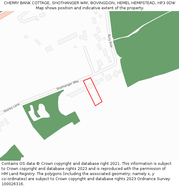 CHERRY BANK COTTAGE, SHOTHANGER WAY, BOVINGDON, HEMEL HEMPSTEAD, HP3 0DW: Location map and indicative extent of plot