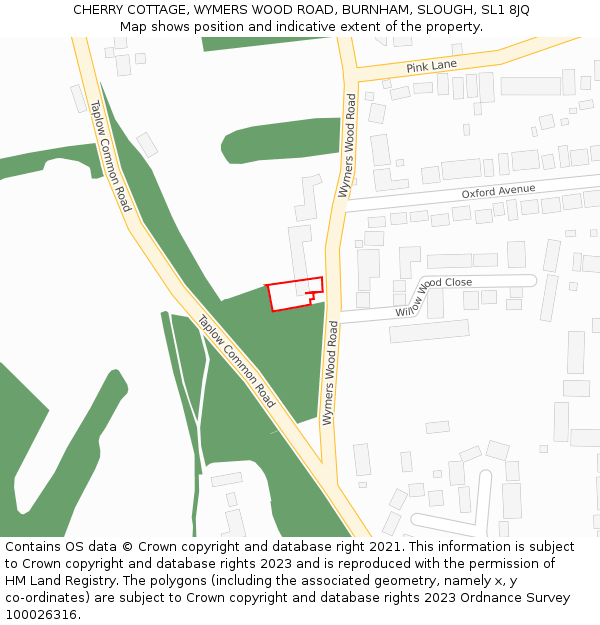 CHERRY COTTAGE, WYMERS WOOD ROAD, BURNHAM, SLOUGH, SL1 8JQ: Location map and indicative extent of plot