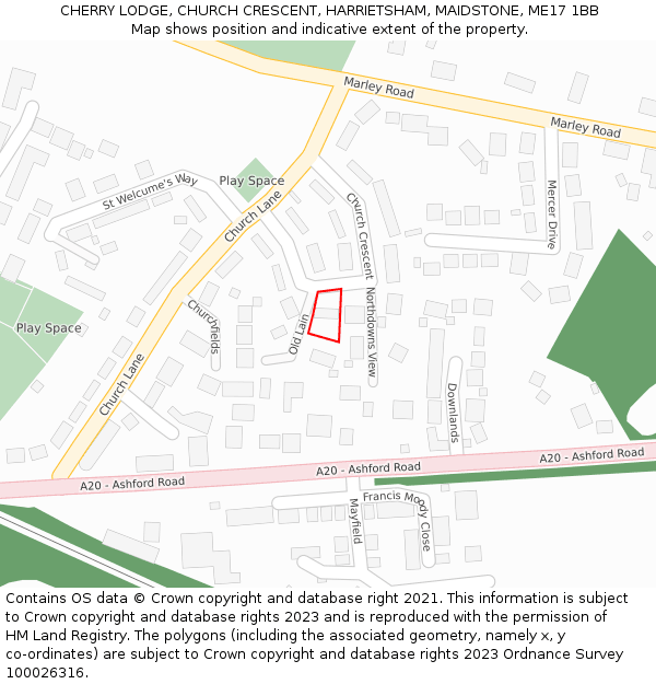 CHERRY LODGE, CHURCH CRESCENT, HARRIETSHAM, MAIDSTONE, ME17 1BB: Location map and indicative extent of plot