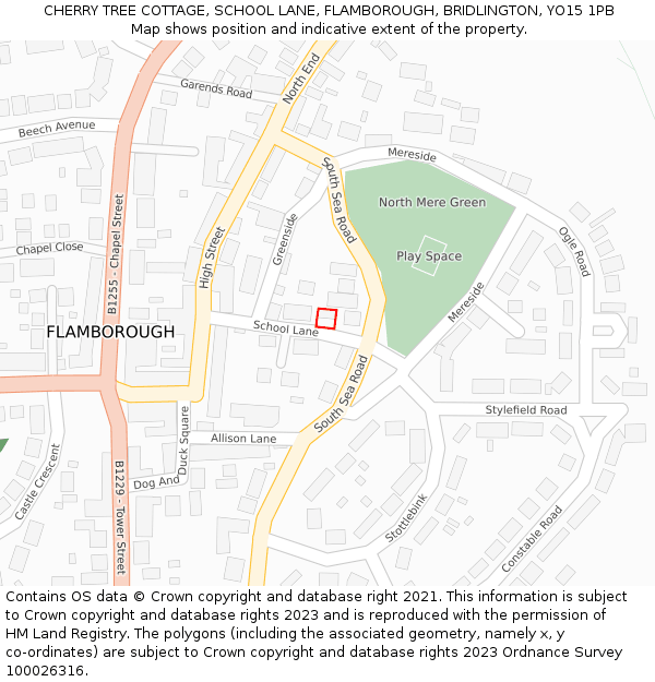 CHERRY TREE COTTAGE, SCHOOL LANE, FLAMBOROUGH, BRIDLINGTON, YO15 1PB: Location map and indicative extent of plot