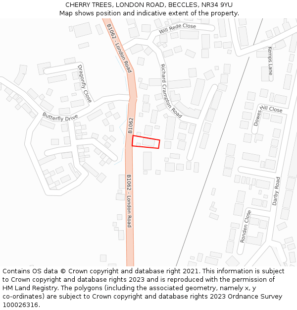 CHERRY TREES, LONDON ROAD, BECCLES, NR34 9YU: Location map and indicative extent of plot