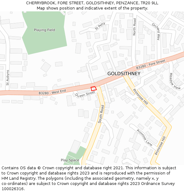 CHERRYBROOK, FORE STREET, GOLDSITHNEY, PENZANCE, TR20 9LL: Location map and indicative extent of plot