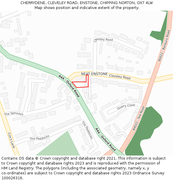 CHERRYDENE, CLEVELEY ROAD, ENSTONE, CHIPPING NORTON, OX7 4LW: Location map and indicative extent of plot