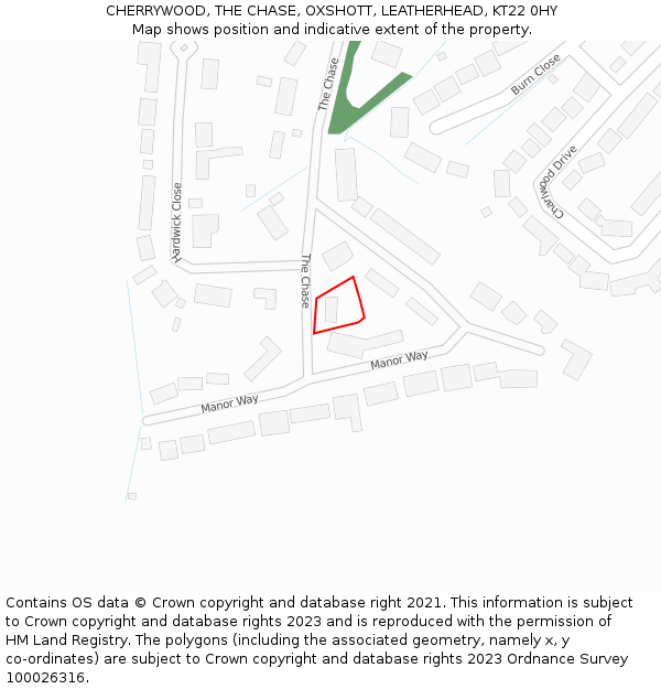 CHERRYWOOD, THE CHASE, OXSHOTT, LEATHERHEAD, KT22 0HY: Location map and indicative extent of plot