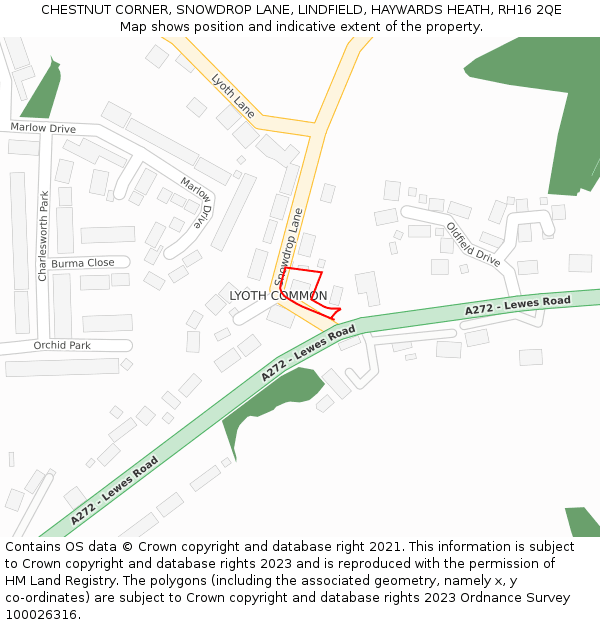 CHESTNUT CORNER, SNOWDROP LANE, LINDFIELD, HAYWARDS HEATH, RH16 2QE: Location map and indicative extent of plot
