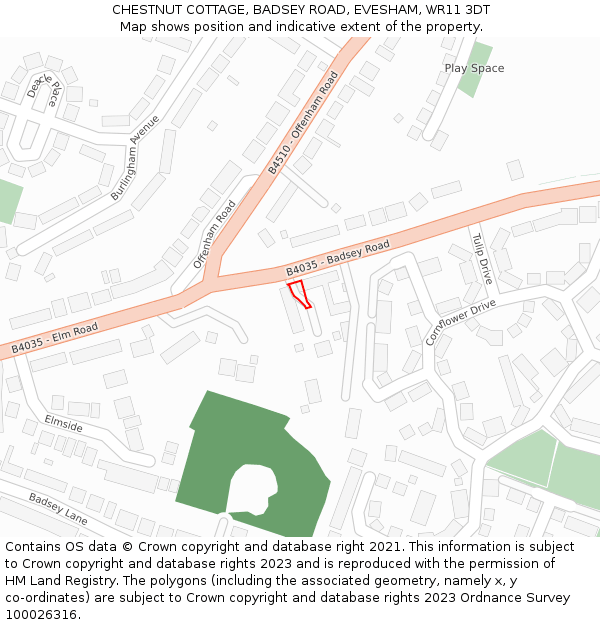 CHESTNUT COTTAGE, BADSEY ROAD, EVESHAM, WR11 3DT: Location map and indicative extent of plot