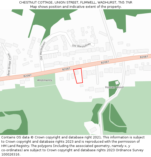 CHESTNUT COTTAGE, UNION STREET, FLIMWELL, WADHURST, TN5 7NR: Location map and indicative extent of plot