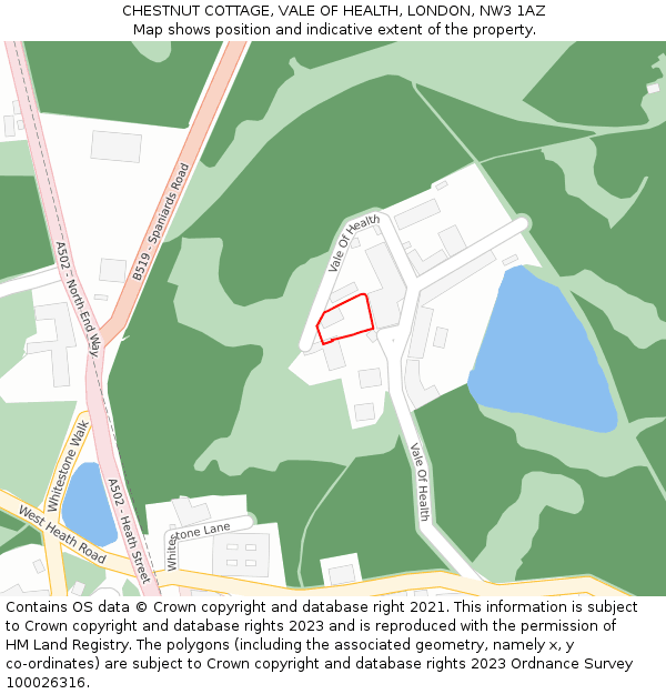 CHESTNUT COTTAGE, VALE OF HEALTH, LONDON, NW3 1AZ: Location map and indicative extent of plot