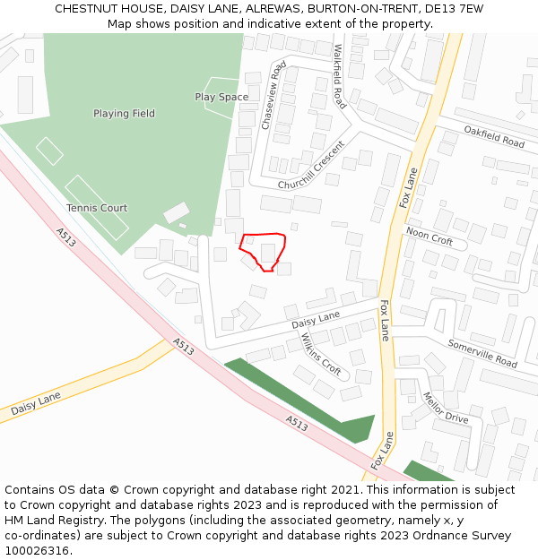 CHESTNUT HOUSE, DAISY LANE, ALREWAS, BURTON-ON-TRENT, DE13 7EW: Location map and indicative extent of plot