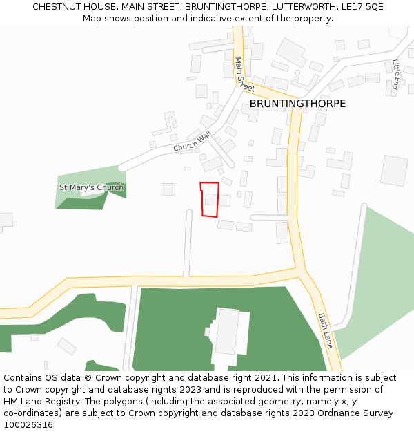 CHESTNUT HOUSE, MAIN STREET, BRUNTINGTHORPE, LUTTERWORTH, LE17 5QE: Location map and indicative extent of plot