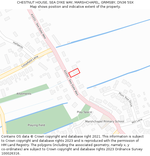 CHESTNUT HOUSE, SEA DYKE WAY, MARSHCHAPEL, GRIMSBY, DN36 5SX: Location map and indicative extent of plot