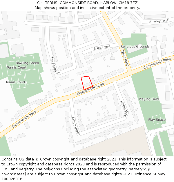 CHILTERNS, COMMONSIDE ROAD, HARLOW, CM18 7EZ: Location map and indicative extent of plot