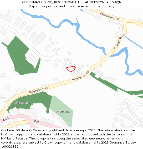 CHRISTMAS HOUSE, RIDGEGROVE HILL, LAUNCESTON, PL15 9QN: Location map and indicative extent of plot