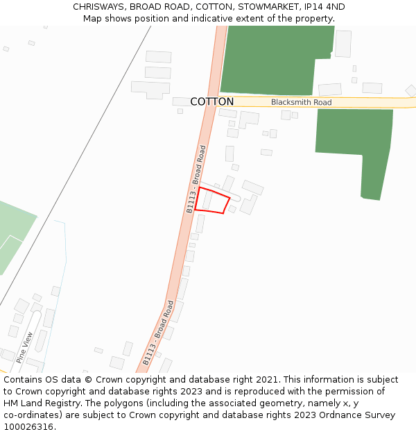 CHRISWAYS, BROAD ROAD, COTTON, STOWMARKET, IP14 4ND: Location map and indicative extent of plot