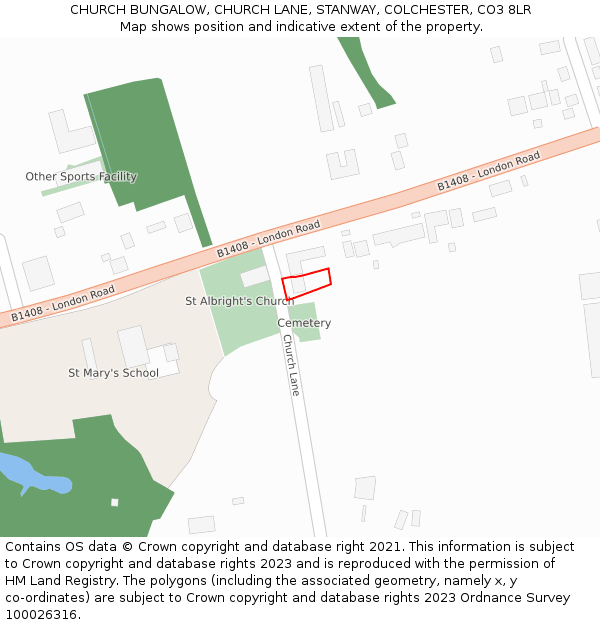 CHURCH BUNGALOW, CHURCH LANE, STANWAY, COLCHESTER, CO3 8LR: Location map and indicative extent of plot