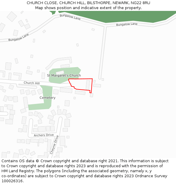 CHURCH CLOSE, CHURCH HILL, BILSTHORPE, NEWARK, NG22 8RU: Location map and indicative extent of plot