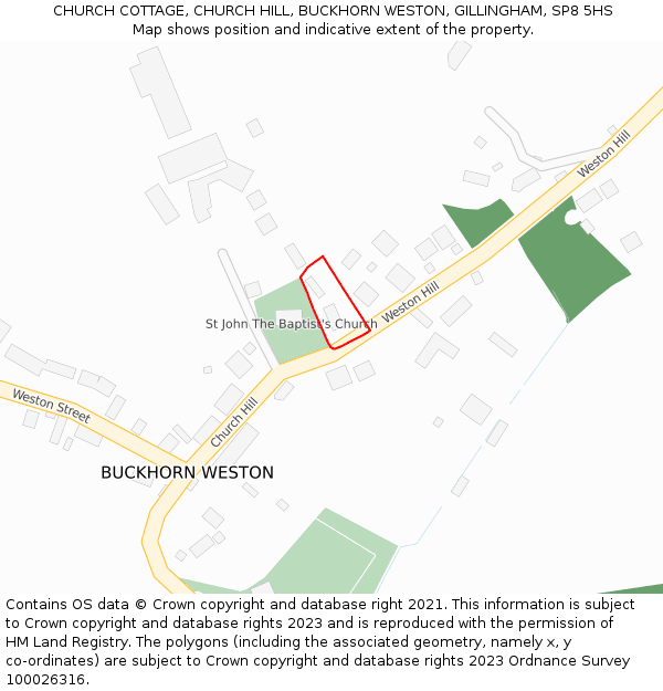 CHURCH COTTAGE, CHURCH HILL, BUCKHORN WESTON, GILLINGHAM, SP8 5HS: Location map and indicative extent of plot