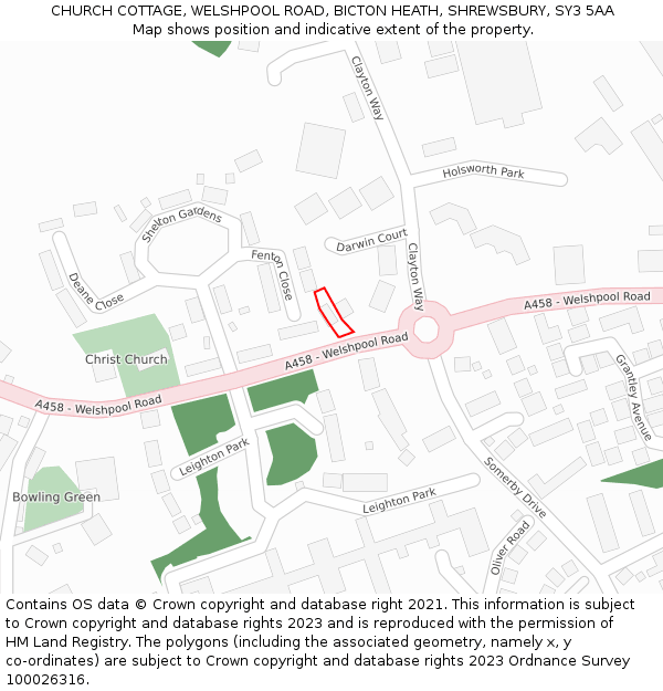 CHURCH COTTAGE, WELSHPOOL ROAD, BICTON HEATH, SHREWSBURY, SY3 5AA: Location map and indicative extent of plot