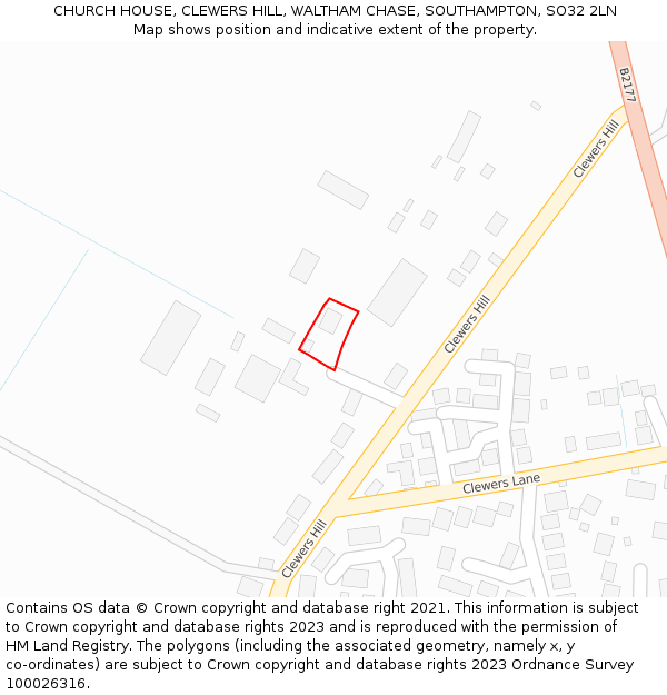 CHURCH HOUSE, CLEWERS HILL, WALTHAM CHASE, SOUTHAMPTON, SO32 2LN: Location map and indicative extent of plot