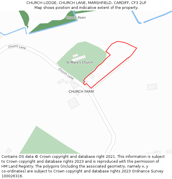 CHURCH LODGE, CHURCH LANE, MARSHFIELD, CARDIFF, CF3 2UF: Location map and indicative extent of plot