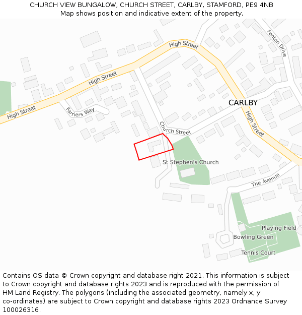 CHURCH VIEW BUNGALOW, CHURCH STREET, CARLBY, STAMFORD, PE9 4NB: Location map and indicative extent of plot