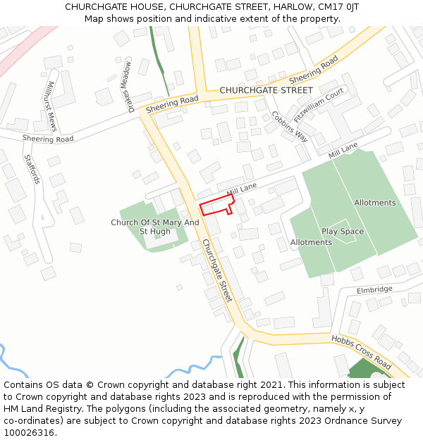 CHURCHGATE HOUSE, CHURCHGATE STREET, HARLOW, CM17 0JT: Location map and indicative extent of plot