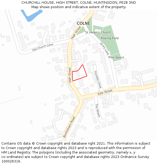 CHURCHILL HOUSE, HIGH STREET, COLNE, HUNTINGDON, PE28 3ND: Location map and indicative extent of plot